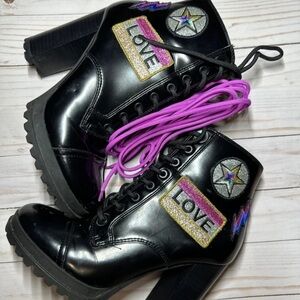 Aldo Black Heeled Boots with Purple Accents